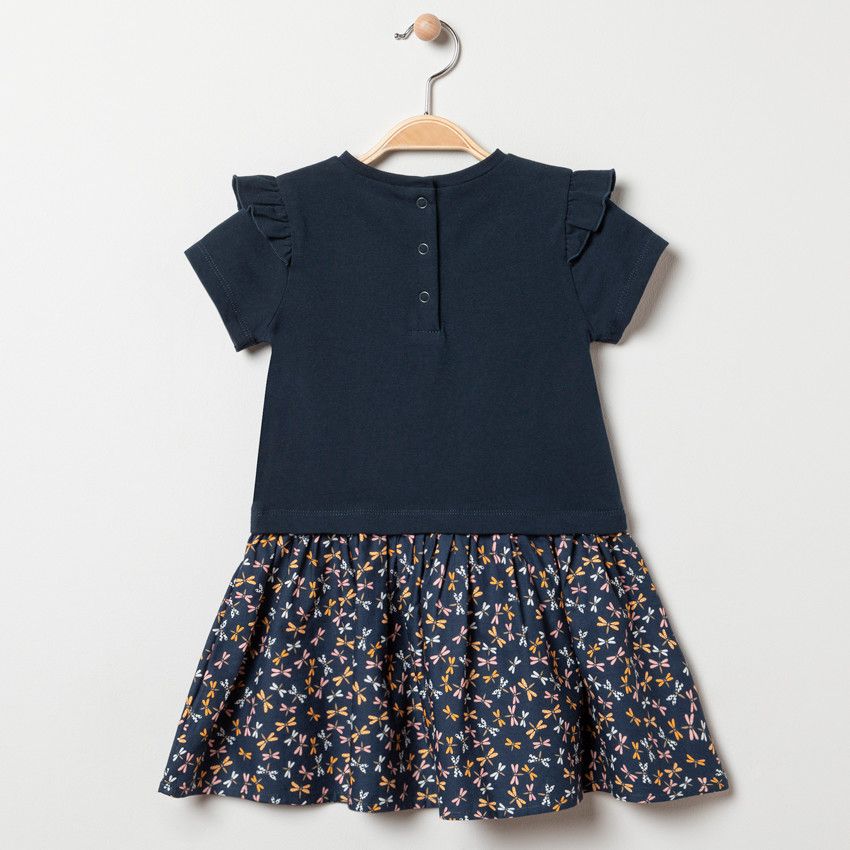 Robe bi-matière bleu marine à motifs fleurs et libellules - Orchestra