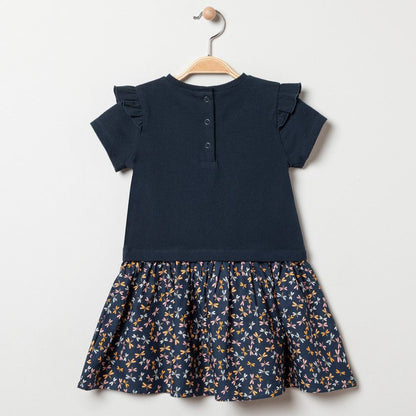Robe bi-matière bleu marine à motifs fleurs et libellules - Orchestra
