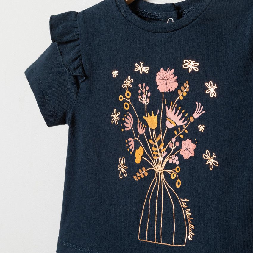 Robe bi-matière bleu marine à motifs fleurs et libellules - Orchestra