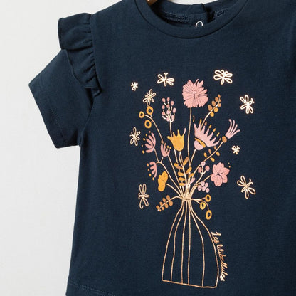 Robe bi-matière bleu marine à motifs fleurs et libellules - Orchestra