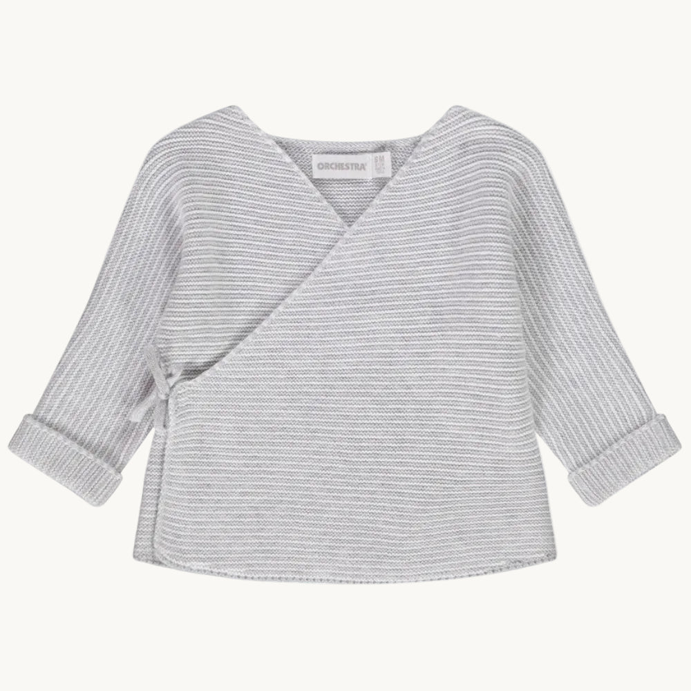 Cardigan Cache-Cœur Bébé en Maille Mousse Gris et Blanc