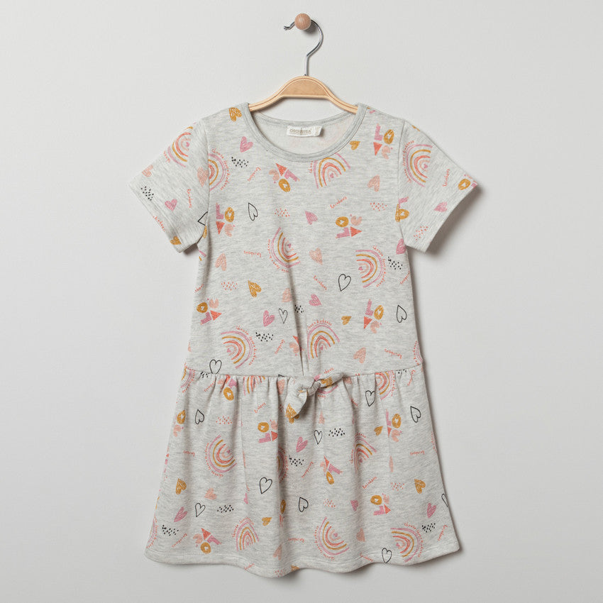 Robe fille en molleton léger gris chiné avec nœud à la taille
