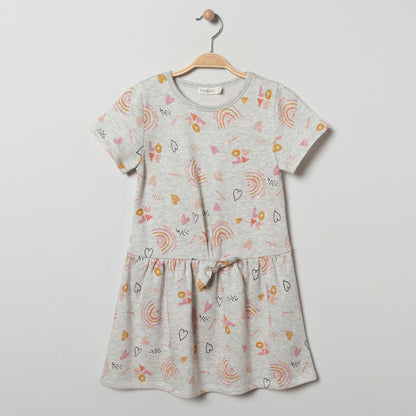 Robe fille en molleton léger gris chiné avec nœud à la taille