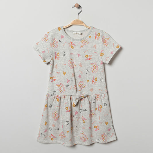 Robe fille en molleton léger gris chiné avec nœud à la taille