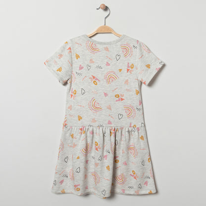 Robe fille en molleton léger gris chiné avec nœud à la taille