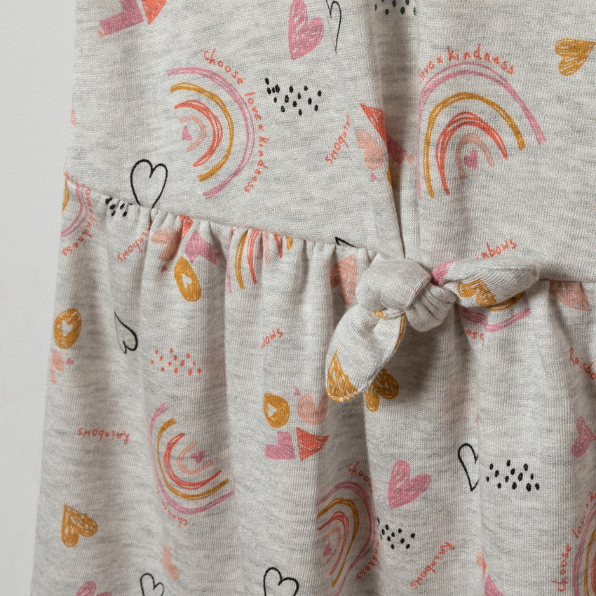 Robe fille en molleton léger gris chiné avec nœud à la taille