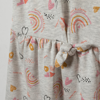 Robe fille en molleton léger gris chiné avec nœud à la taille