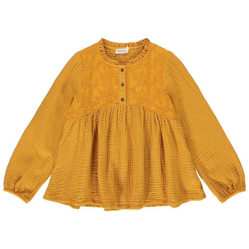 Blouse en double gaze de coton jaune moutarde pour fille - Plastron brodé