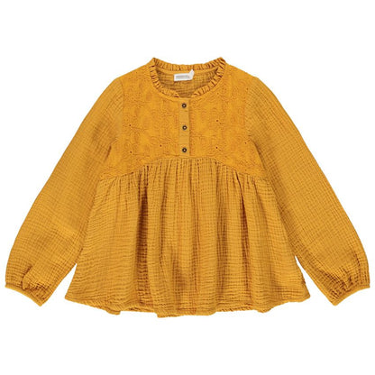 Blouse en double gaze de coton jaune moutarde pour fille - Plastron brodé