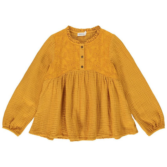 Blouse en double gaze de coton jaune moutarde pour fille - Plastron brodé