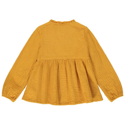Blouse en double gaze de coton jaune moutarde pour fille - Plastron brodé