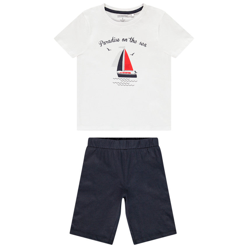 Pyjama court blanc et short bleu marine garçon motif voilier