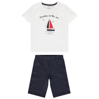 Pyjama court blanc et short bleu marine garçon motif voilier