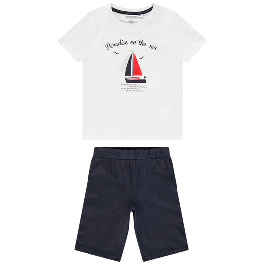 Pyjama court blanc et short bleu marine garçon motif voilier