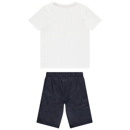 Pyjama court blanc et short bleu marine garçon motif voilier