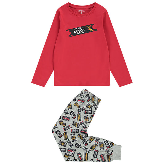 Pyjama long rouge et gris imprimé tickets garçon