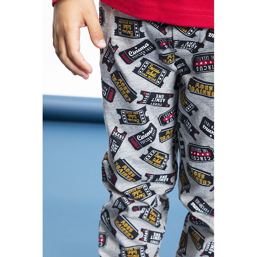 Pyjama long rouge et gris imprimé tickets garçon
