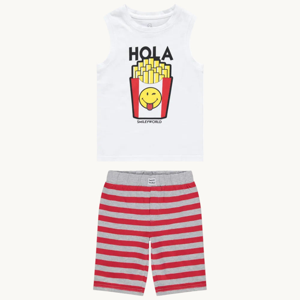 Pyjama 2 pièces blanc et short rayé rouge SmileyWorld