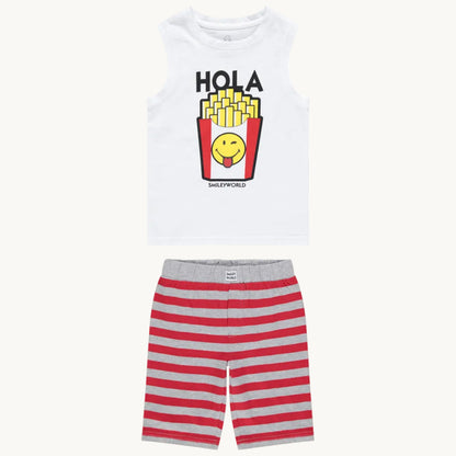 Pyjama 2 pièces blanc et short rayé rouge SmileyWorld