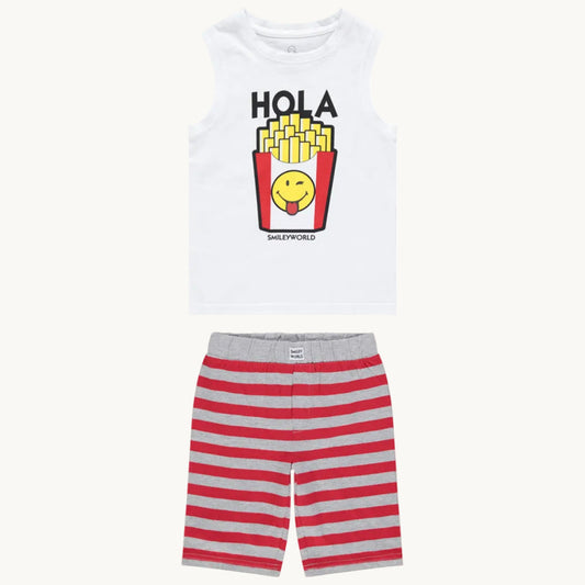 Pyjama 2 pièces blanc et short rayé rouge SmileyWorld