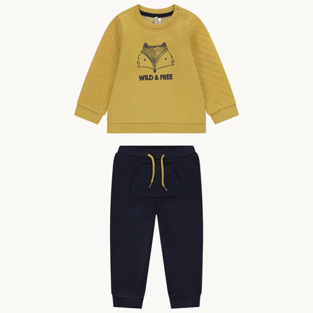 Ensemble 2 pièces Bébé Garçon - Sweat matelassé moutarde "Wild & Free" & Jogging bleu marine