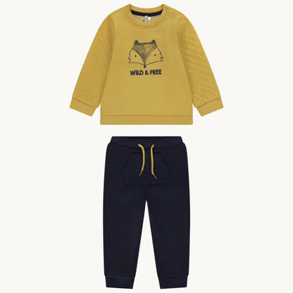 Ensemble 2 pièces Bébé Garçon - Sweat matelassé moutarde "Wild & Free" & Jogging bleu marine