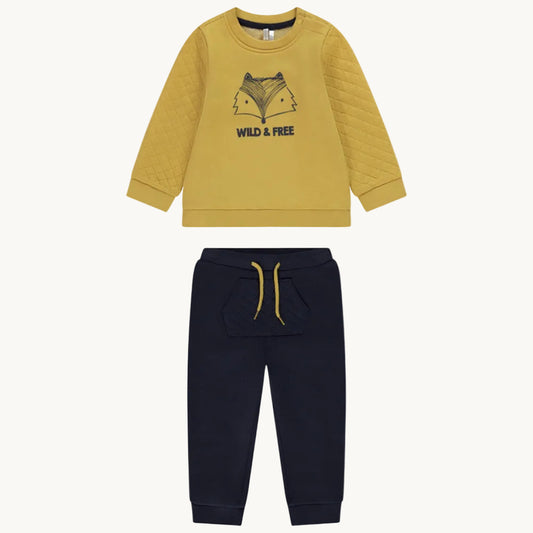Ensemble 2 pièces Bébé Garçon - Sweat matelassé moutarde "Wild & Free" & Jogging bleu marine