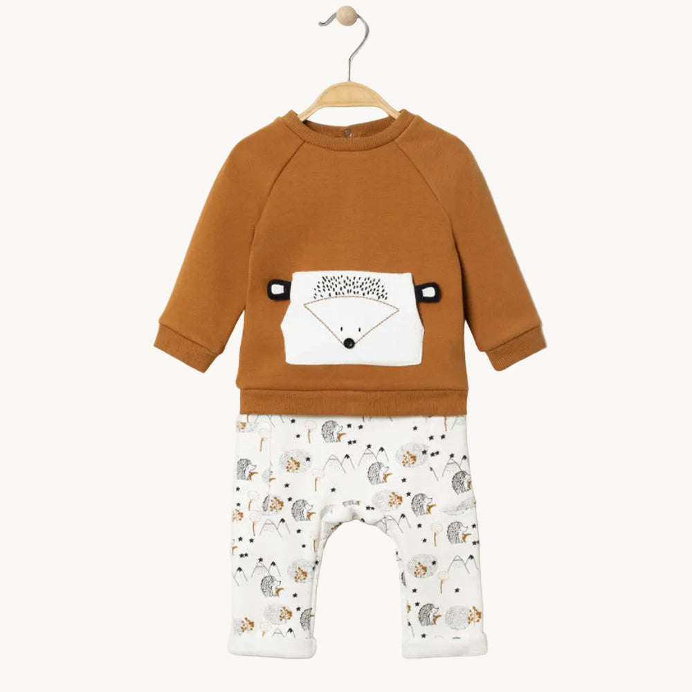 Ensemble 2 pièces Bébé Garçon - Sweat marron hérisson & Pantalon imprimé nature