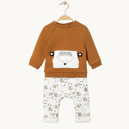 Ensemble 2 pièces Bébé Garçon - Sweat marron hérisson & Pantalon imprimé nature