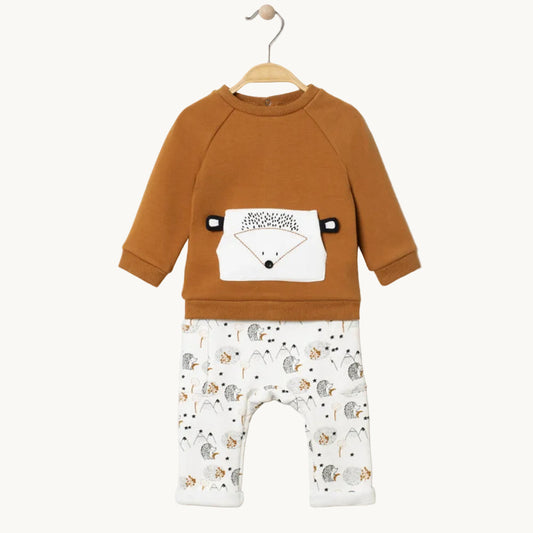 Ensemble 2 pièces Bébé Garçon - Sweat marron hérisson & Pantalon imprimé nature