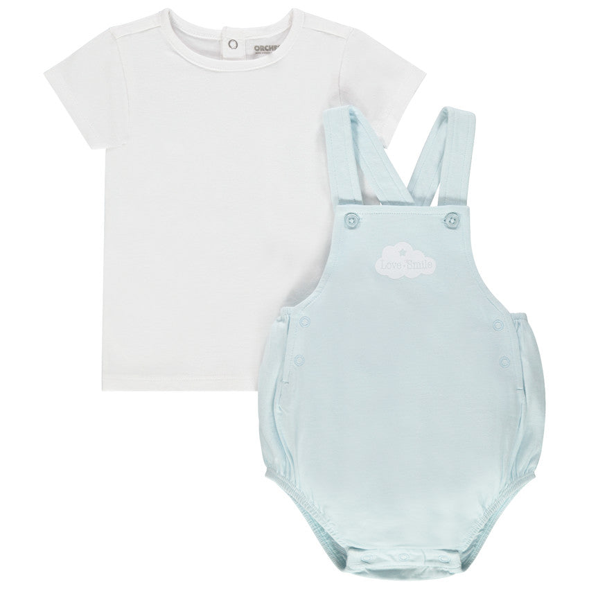 Ensemble 2 pièces Bébé Garçon - T-shirt blanc & Salopette courte bleue "Love Smile"