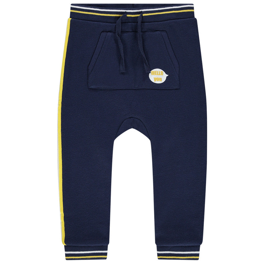 Pantalon de jogging bleu marine à poche kangourou et bandes jaunes – Orchestra