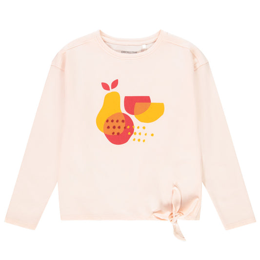T-shirt manches longues fille rose pastel à motif fruits et nœud fantaisie