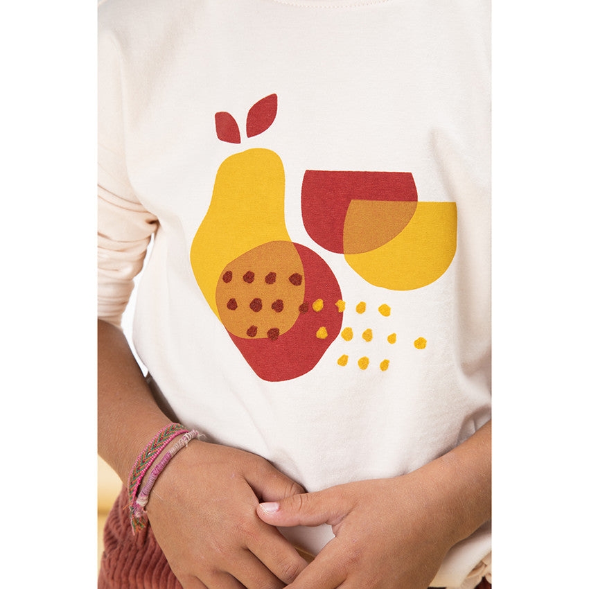 T-shirt manches longues fille rose pastel à motif fruits et nœud fantaisie