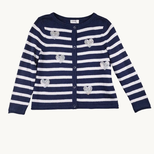 Gilet rayé bleu marine et blanc à cœurs