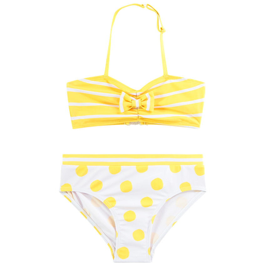 Maillot de bain 2 pièces fille – Jaune Soleil à rayures et pois