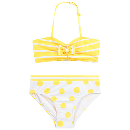 Maillot de bain 2 pièces fille – Jaune Soleil à rayures et pois