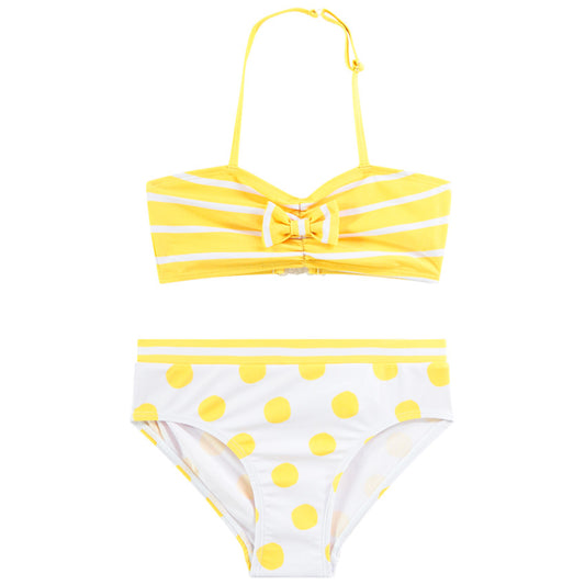 Maillot de bain 2 pièces fille – Jaune Soleil à rayures et pois