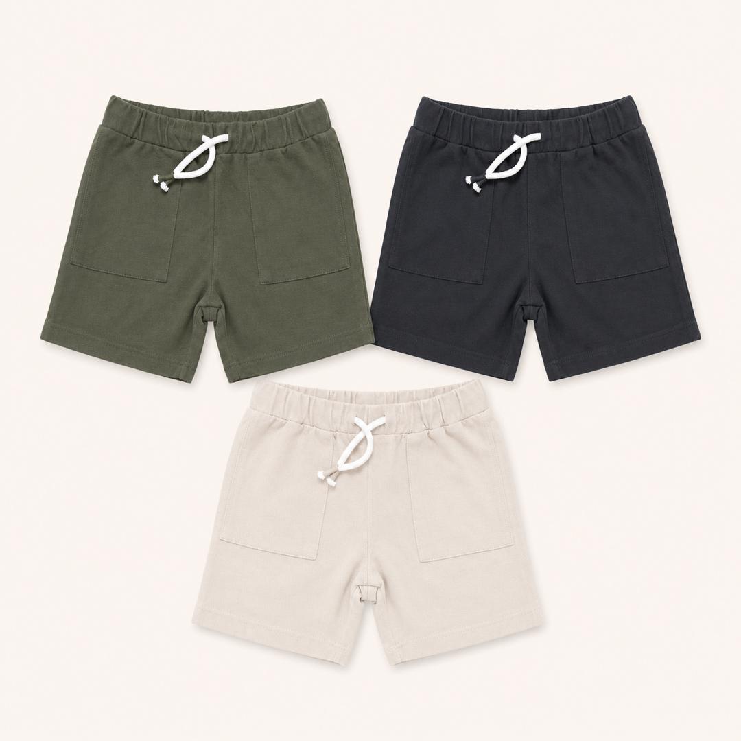 Lot de 3 Shorts en Coton Enfant – Kaki, Noir et Écru