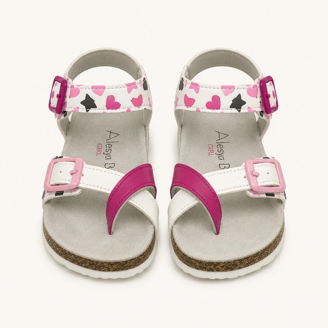 Sandales à Boucles pour Fille – Motifs Cœurs et Étoiles Rose/Noir