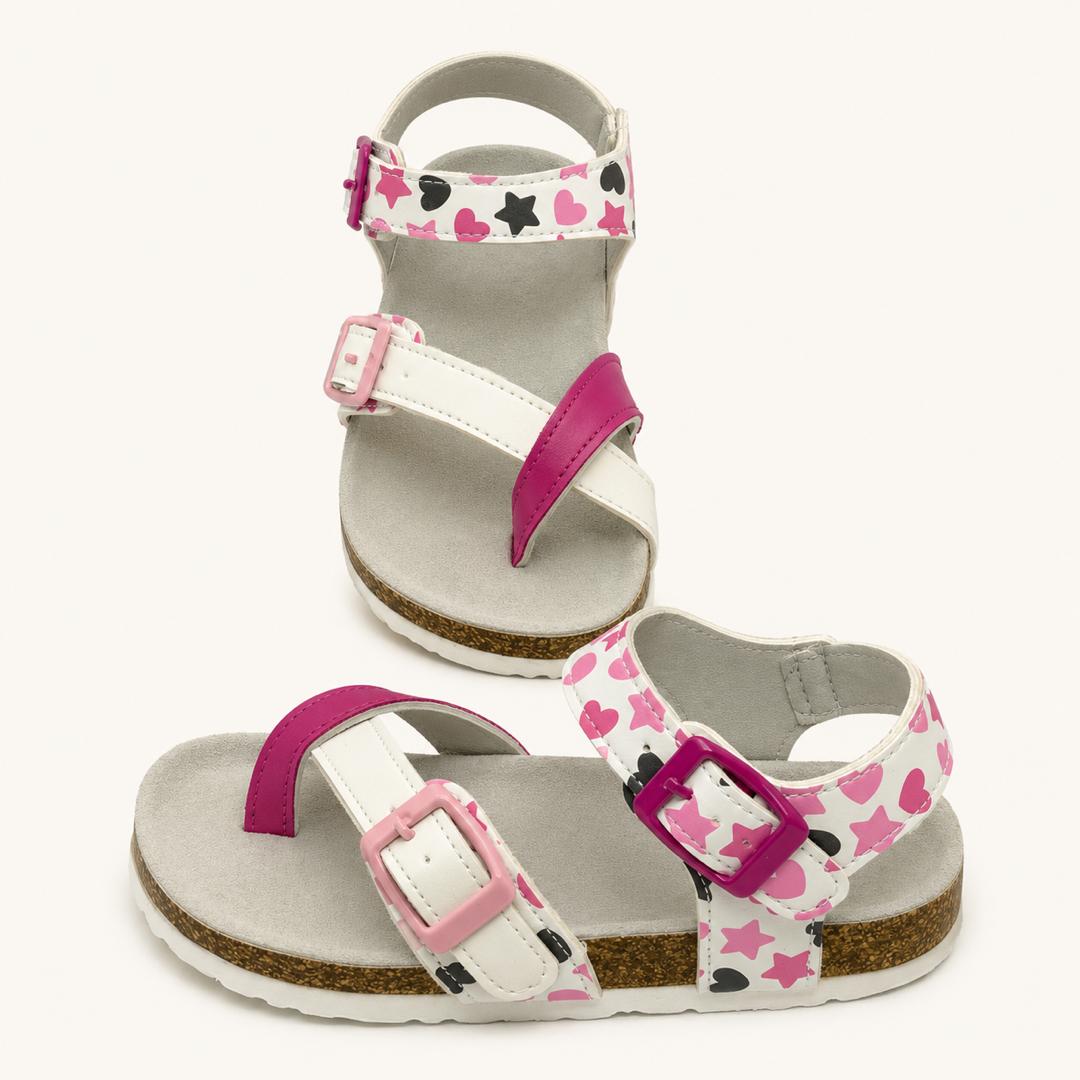 Sandales à Boucles pour Fille – Motifs Cœurs et Étoiles Rose/Noir