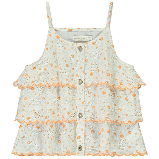 Top volanté à bretelles en broderie anglaise pour fille - Imprimé fleuri orange