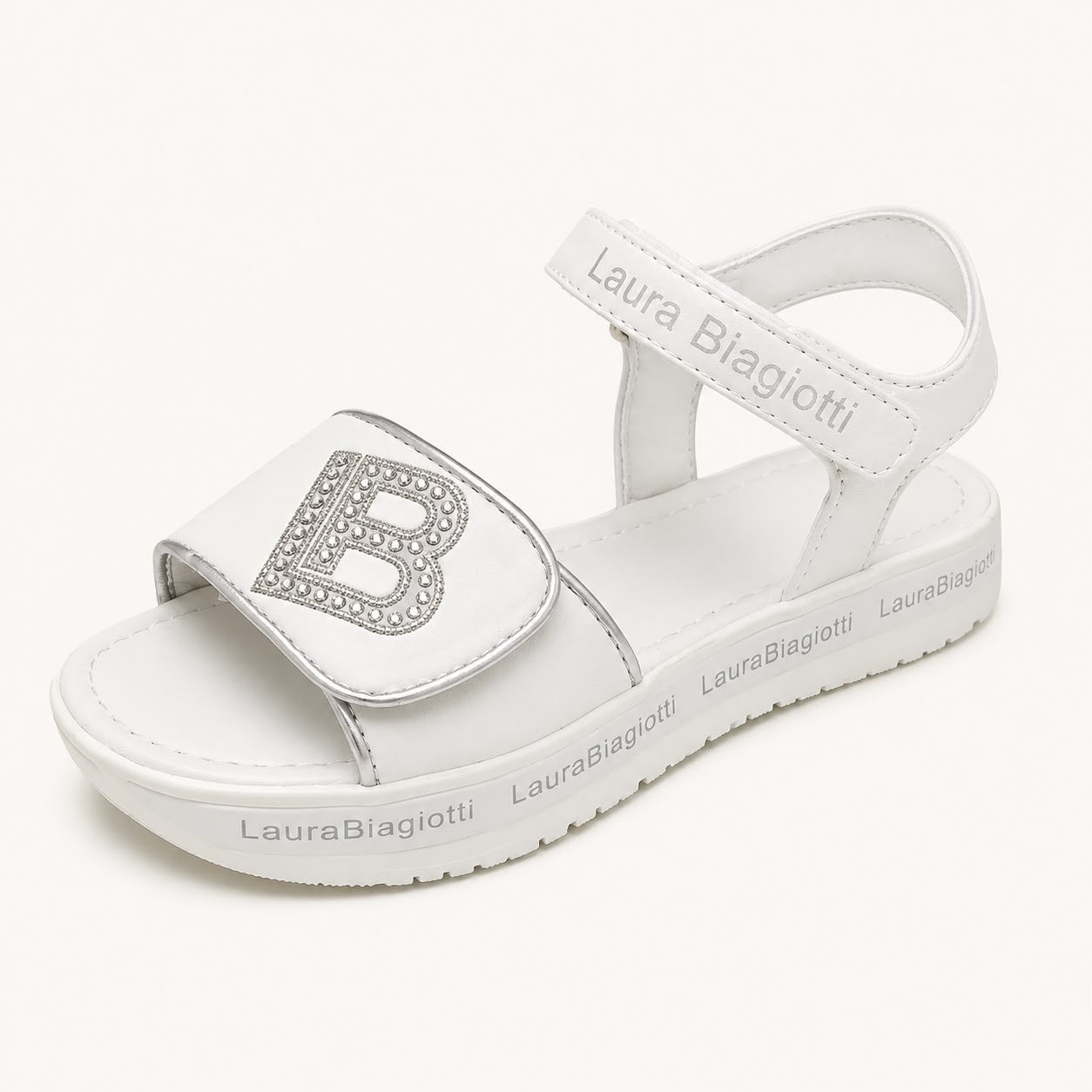 Sandales Enfant Blanches Laura Biagiotti avec Logo "B" en Strass