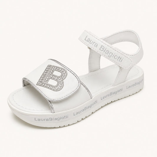 Sandales Enfant Blanches Laura Biagiotti avec Logo "B" en Strass