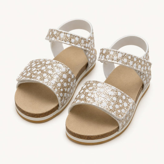 Sandales Enfant Dorées et Blanches – Motif À Pois Pailleté Style Liège