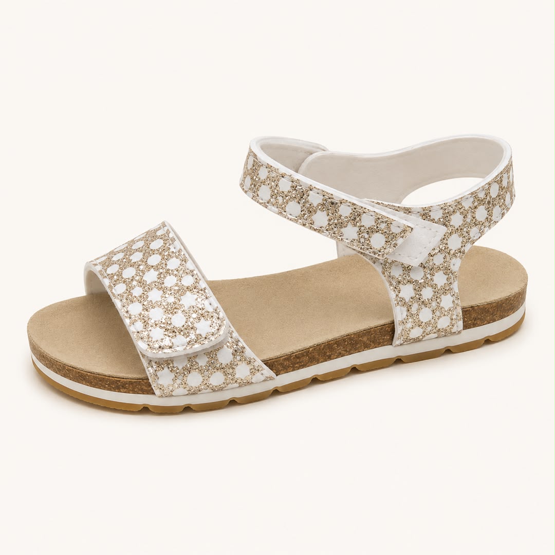 Sandales Enfant Dorées et Blanches – Motif À Pois Pailleté Style Liège
