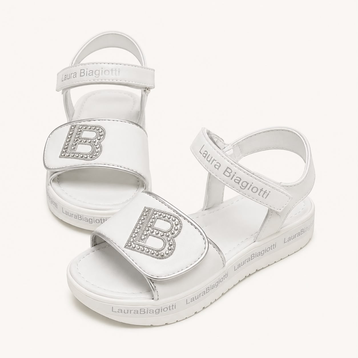 Sandales Enfant Blanches Laura Biagiotti avec Logo "B" en Strass