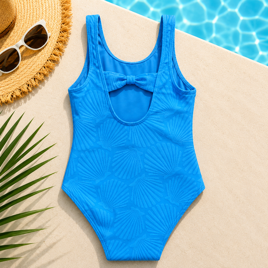 Maillot de bain 1 pièce fille bleu roi texturé coquillages