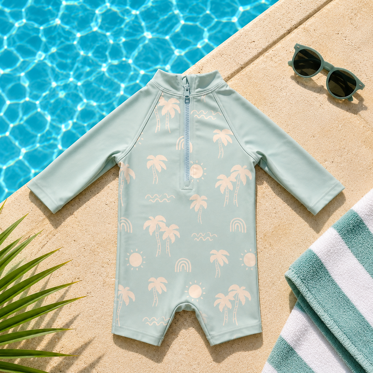 Combinaison de bain anti-UV bébé et enfant – Vert Sauge et Motifs Palmiers