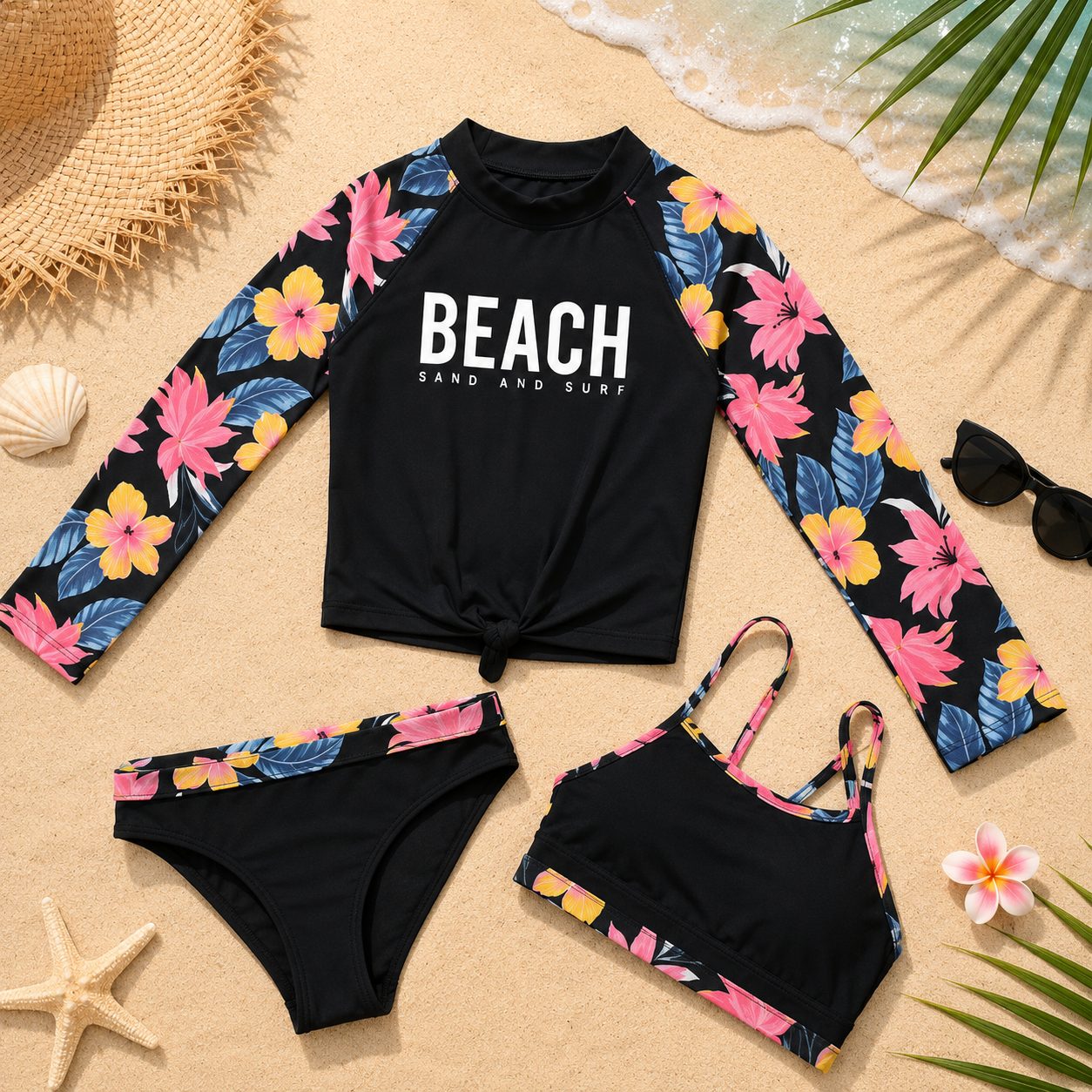 Ensemble de bain 3 pièces fille anti-UV imprimé tropical et "BEACH"